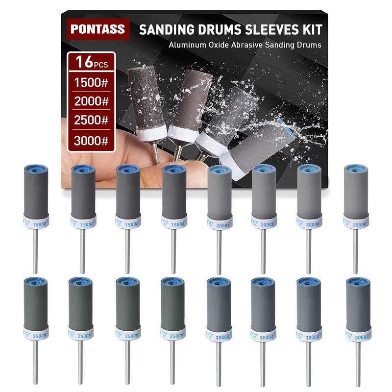 PONTASS 1500 2000 2500 3000 Grit Sanding Bits for Dremel Tool with 1/8" Shank 16Pcs Sanding Drums Rotary Tools Accessories, Sanding Stick Sand Paper Tips for Metal Rust Removal/Jade Polishing/Stone Grinding - Image 1